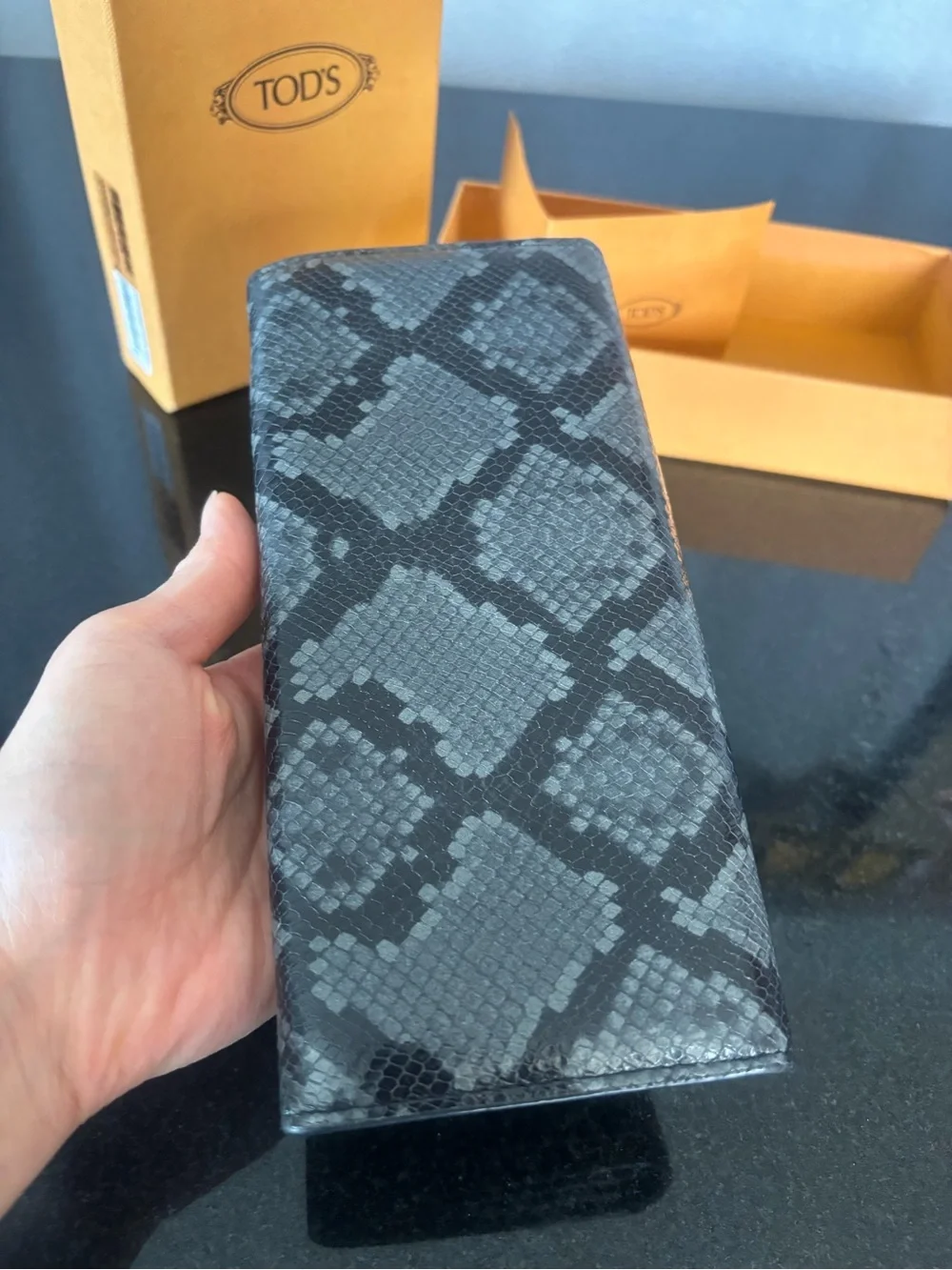 Authentic TOD'S Double T Black & Gray Python Embossed Leather Wallet- with box